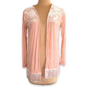 Rue 21 Cardigan Sheer Pink Long Sleeve Abstract Paisley Print Open Front Fringe